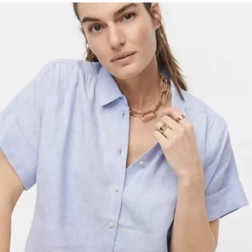 J. Crew Wm's Classic Baird McNutt Irish Linen Shirt Blue Short Sleeve Sz 24 #